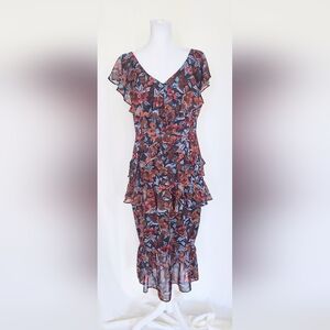 Majorelle Size Medium Sleeveless Ruffle Tiered Chiffon Dress Floral Red Blue